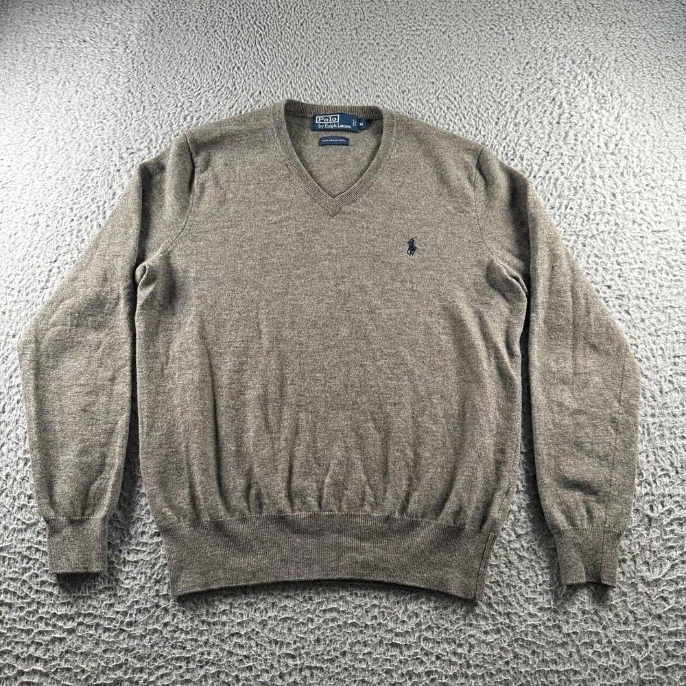 Polo Ralph Lauren‎ Sweater Mens M Heather Gray V-Neck 100% Merino Wool